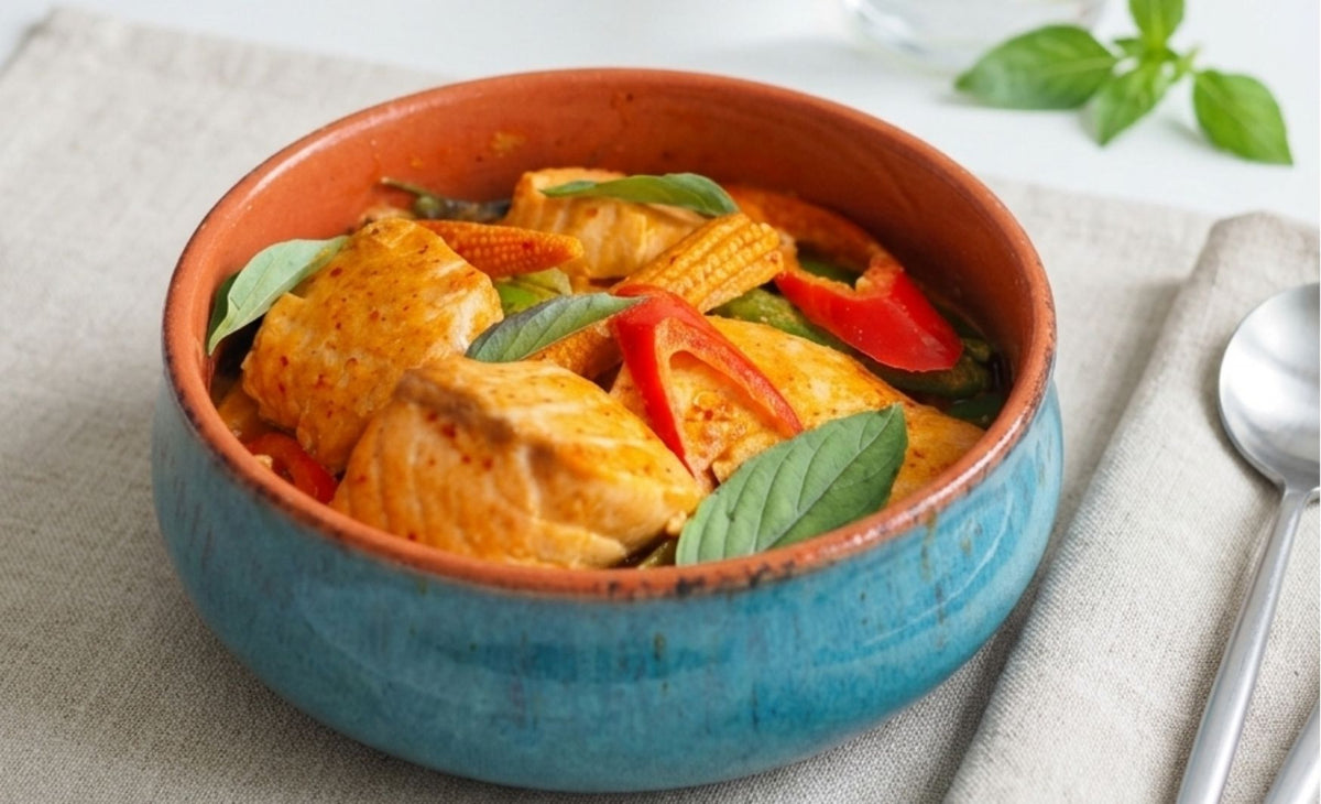 Salmon Thai Red Curry with Baby Corn and Sugar Snaps